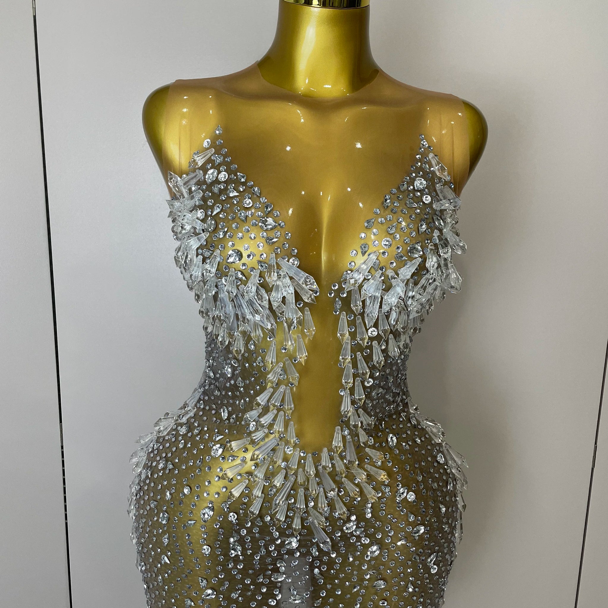 Robe courte sexy en maille et cristaux pour femme, tenue de soirée, de discothèque, de spectacle, de chanteur