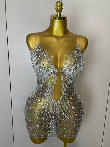 Robe courte sexy en maille et cristaux pour femme, tenue de soirée, de discothèque, de spectacle, de chanteur