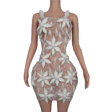 Sexy Stage Straps See Through Mesh Slip Short Dress Flowers Details Sleeveless Backless Mini Bodycon Cocktail Party Club Wear