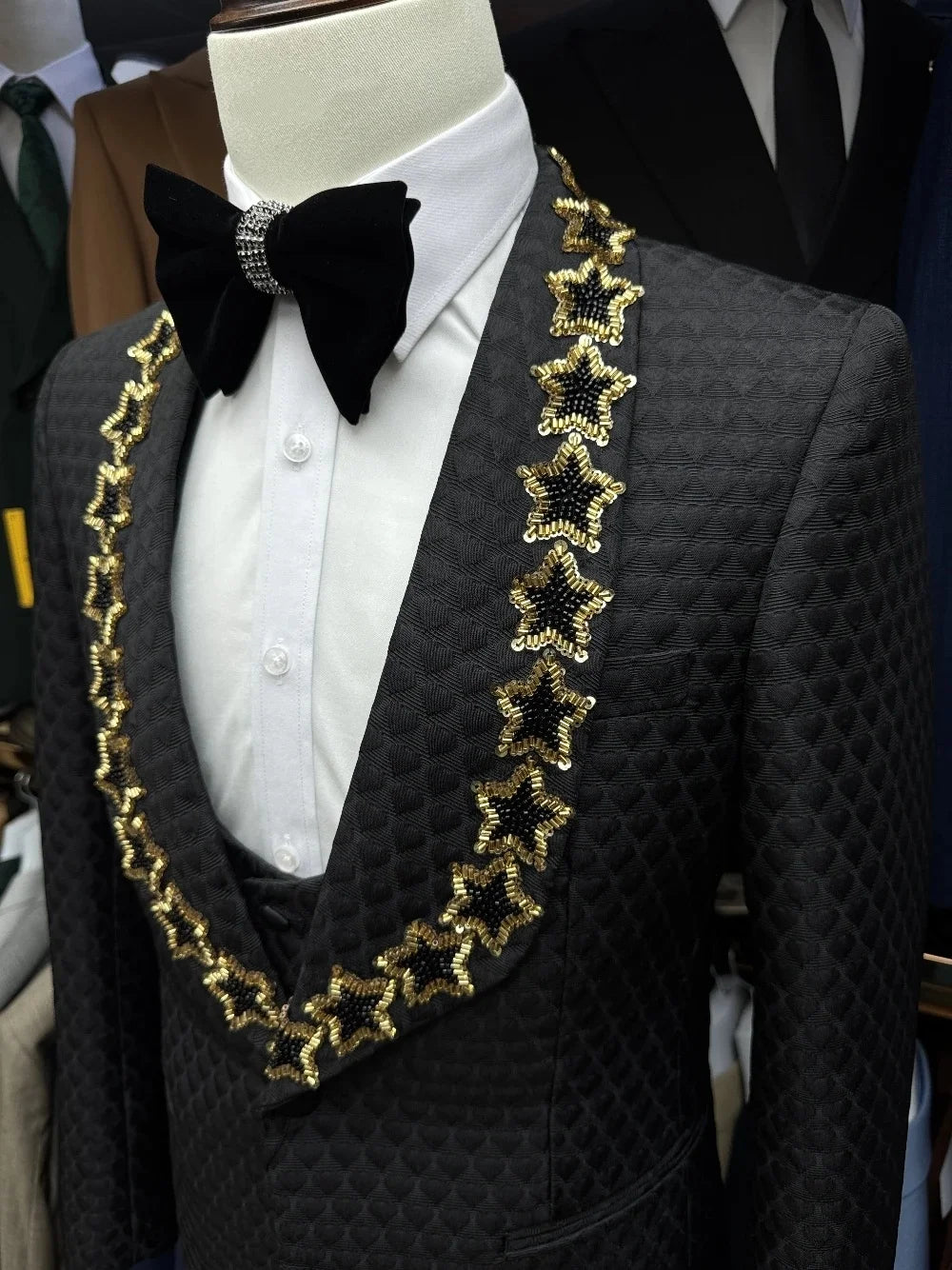 Vintage Men Suits Tailor-Made 3 Pieces Shawl Lapel Jacket Beading Blazer One Button Air Cotton Groom Customized Coat Vest Pants