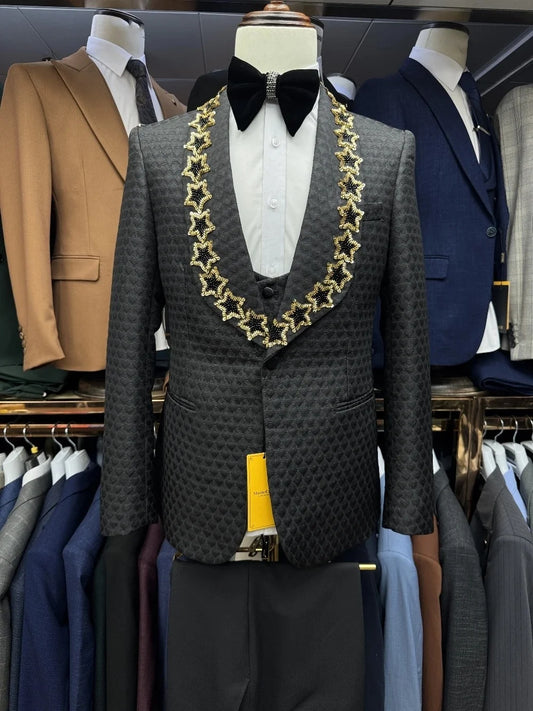 Vintage Men Suits Tailor-Made 3 Pieces Shawl Lapel Jacket Beading Blazer One Button Air Cotton Groom Customized Coat Vest Pants