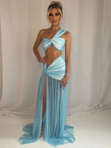 Summer Sexy Skirt Two Piece Sets Women One Shoulder Crop Top and Maxi Skirt Female Elegant Beach Club Party 2 Piece Set