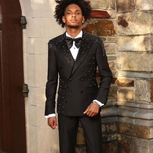 Customized Men Suits Ropa Hombre Peaked Lapel Groom Luxury Diamond Rhinestones Tuxedos 2 Pieces Sets Male Party Prom Blazer