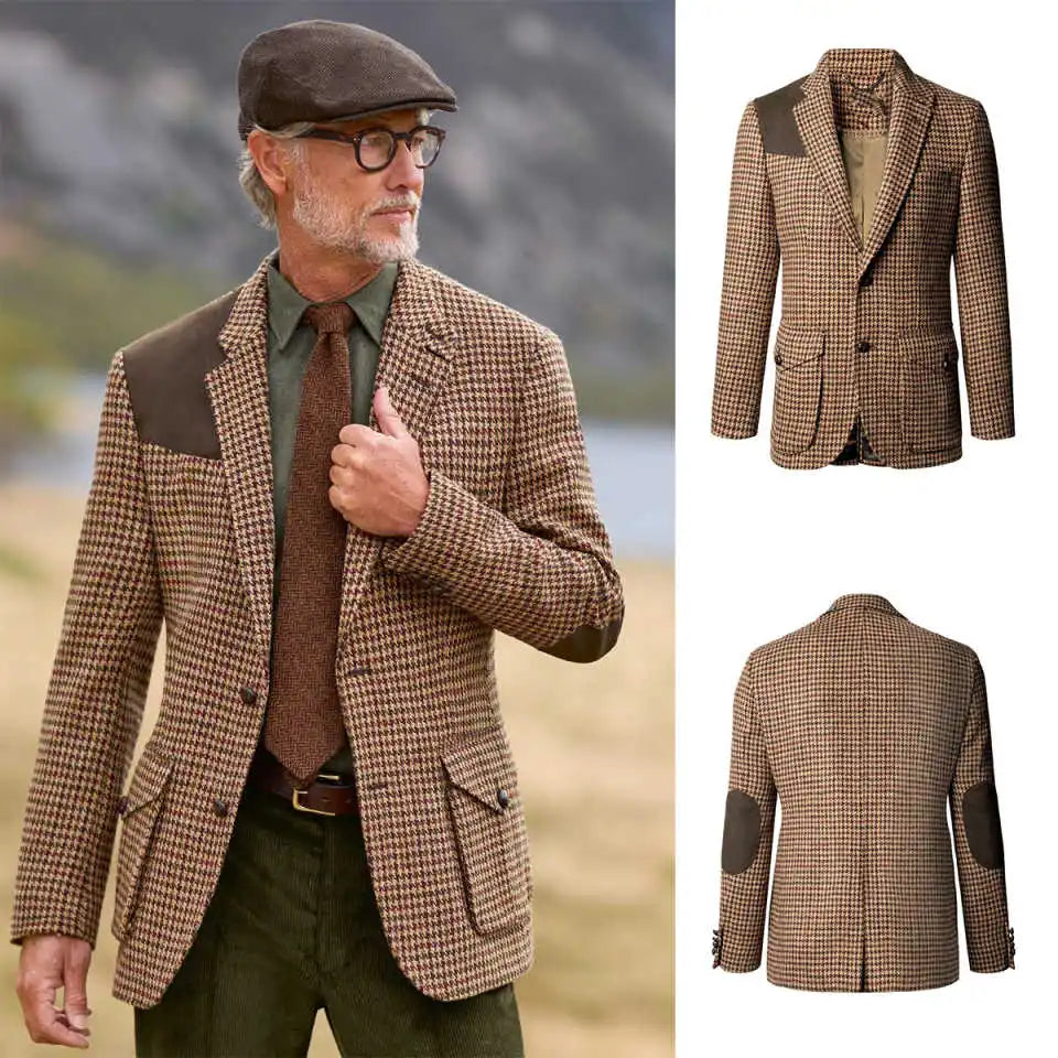 One Piece Houndstooth Men Suits Wool Fashion Customized Men Coat Lapel Business Jacket