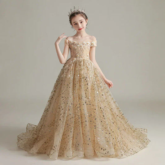 Vestido de dama de honor para boda de niñas de flores, dorado, para fiesta de Halloween, elegante, con hombros descubiertos y bordado
