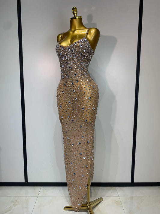 Luxury Rhinestones Sexy Mesh See Through Bodycon Dress Women Birthday Evening Cocktail Party Gown Red Carpet Club Stage Outfit