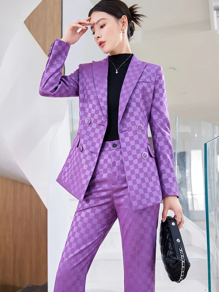 Fashion Ladies Formal Pant Suit Women Purple Pink Black Plaid Jacket and Trouser Female Business Work Wear 2 Piece Blazer Set