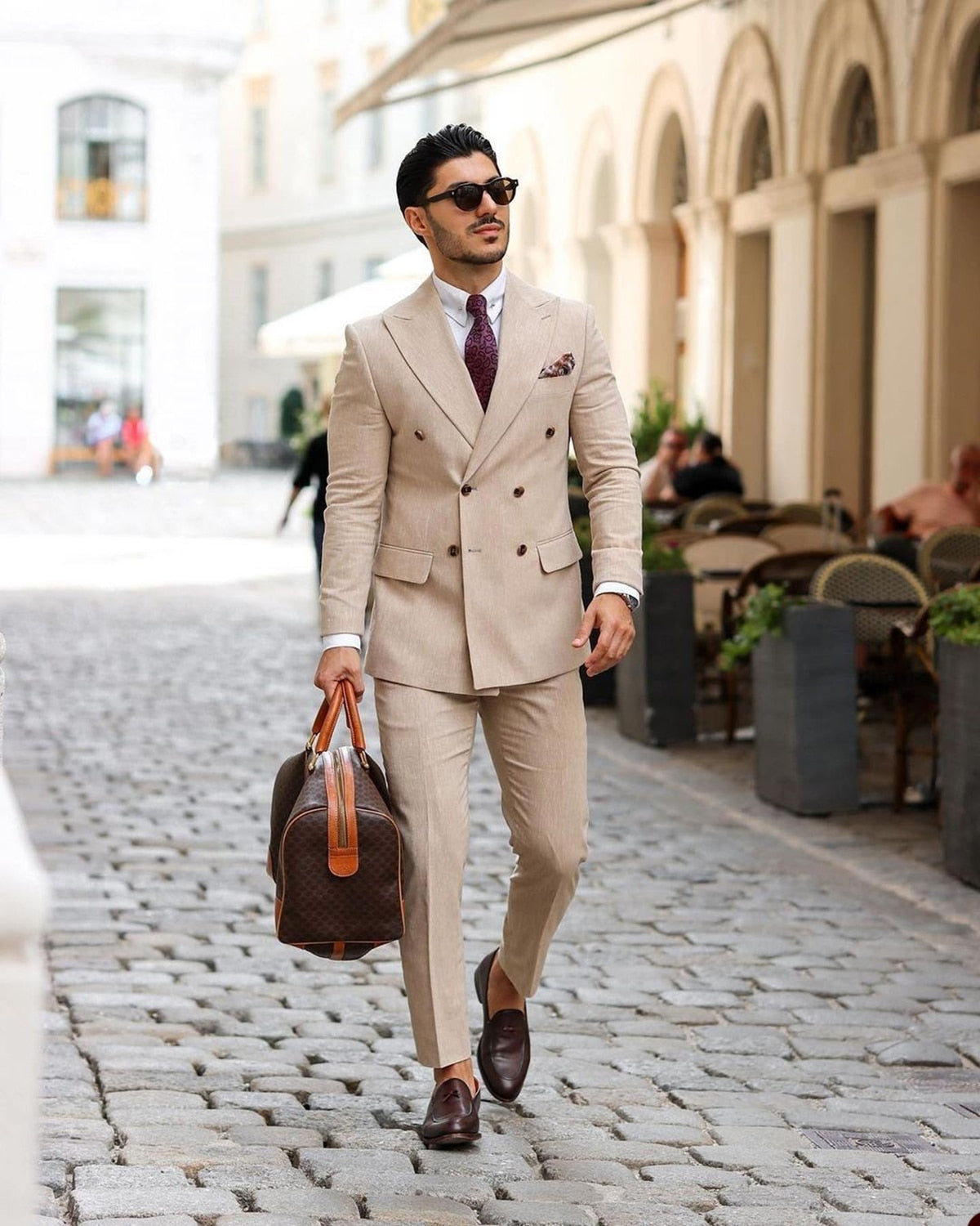 Costume kaki 2 pièces pour homme, blazer et pantalon croisés, revers en pointe, tenue de travail, costume sur mesure pour marié 