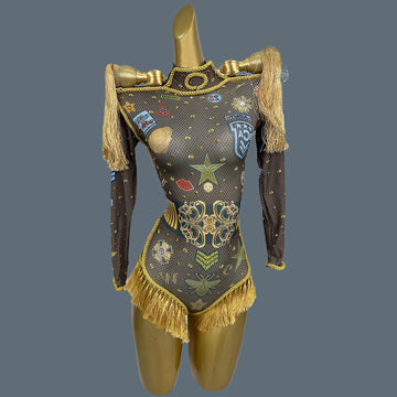 Women Nightclub Stage Performance Sexy Tassel Bodysuit Party Dance Wear Pattern Printing Spandex Elastic Bodycon Leotard