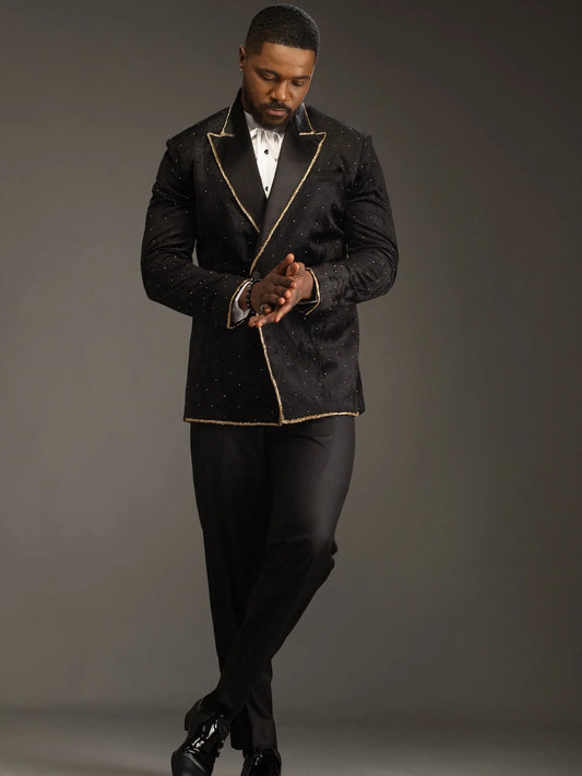 Stylish Men‘s Suit Peaked Lapel Beads 2 Pieces Set Tailor-Made Jacket Rhinestone Blazer Groom Customized Coat Pants