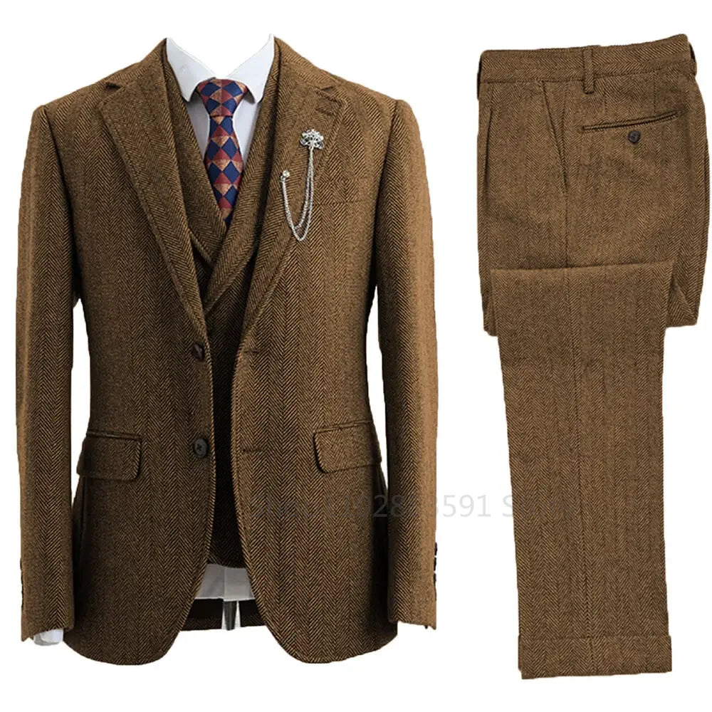Costume 3 pièces pour homme, smoking de mariage croisé en tweed à chevrons, vêtements décontractés pour hommes