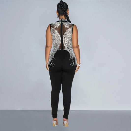 Monos de fiesta ajustados y sexis con malla transparente y retazos de diamantes para mujer, sin mangas, elegantes, con diamantes de imitación, para discoteca 