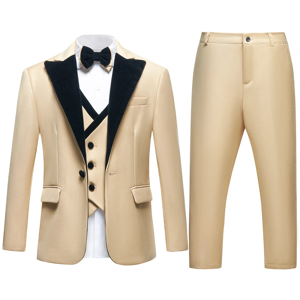 Velvet Collar Suit Set for Kids 3-14 Years, Three-Piece Wedding Suits for Boys, Toddler Suits Tuxedo Blazer Vest Pants Set