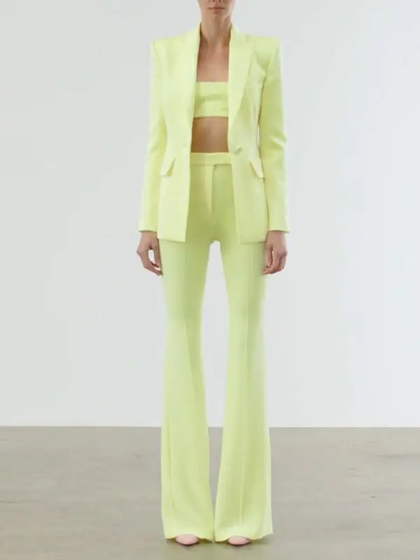 Designer Runway Suit Set Women Single Button Slim Fit Blazer Flare Pants Suit Two Pieces