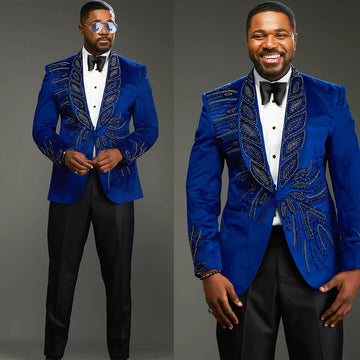 Fashion Men's Suit Shawl Lapel Tailor-Made 2 Pieces Set Beading Jacket Sequins Blazer One Button Groom Customized Coat Pants