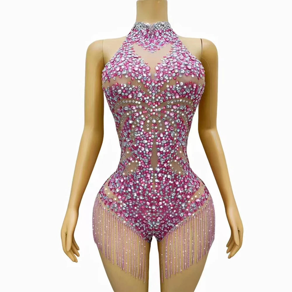 Justaucorps sexy rose scintillant avec strass et cristaux, chaînes et franges, tenue de soirée, d'anniversaire, dos nu, pour séance photo, danse en boîte de nuit