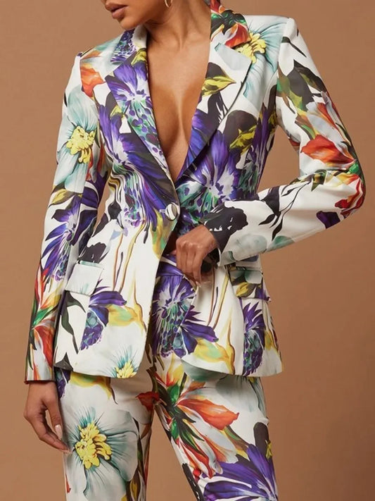 Female Lapel Blazer Suit Jackets New Fashion Floral Printed Long Sleeve Single-button Casual Outerwears