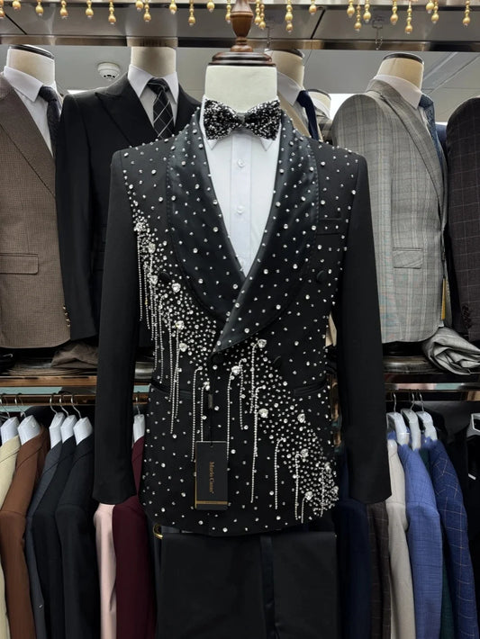 Elegant Men Suits Rhinestone Shawl Lapel Tailor-Made 2 Pieces Set Tassel Double Breasted Groom Blazer Customized Jacket Pants