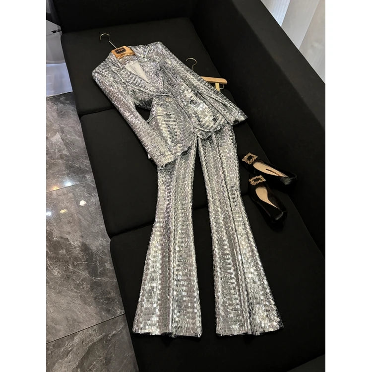 Silver Shiny Sequin Pantsuits Blazer Flared Pants Set Eye Catching Party Evening Wear Mesh Sequin Pants Set Outfits