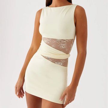 Women Sexy Lace Patchwork Mini Dress Sleeveless Slim Fit Cut Out Short Dress Y2K Elegant Cocktail Party Sundress