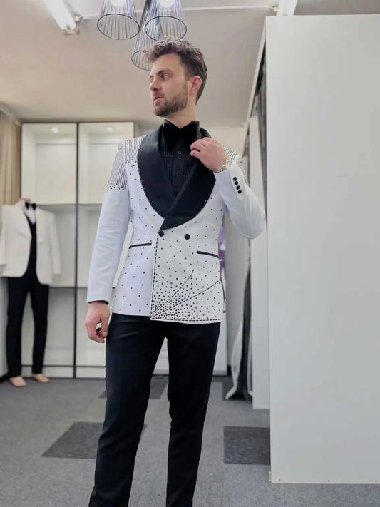 White Men Suit Set 2 Piece Blazer+Black Pants Trousers Luxury Crystal Customized Formal Office Jacket Groom Wedding Prom Coat