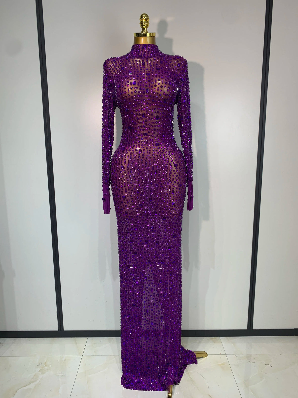 Sparkly Luxury Rhinstones Long Sleeve Elegant Party Dress Women Performance Stage Outfit Evening Birthday Prom Gown