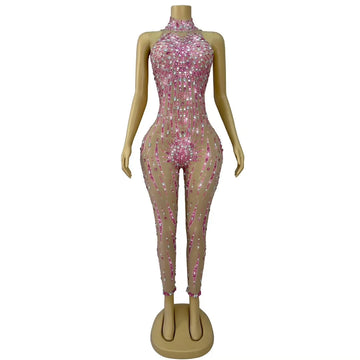 Shining Pink Rhinestones Jumpsuits Singer Dancer Performance Party Celebrate Show Wear Sexy Transparent Costume
