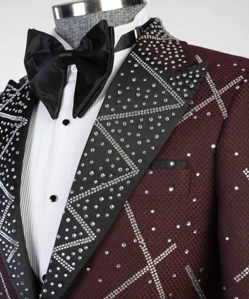 Modern Wedding Groom Tuxedo 2 Piece Blazer Pant Single Breasted Crystals Formal Occasions Party Banquet Customized