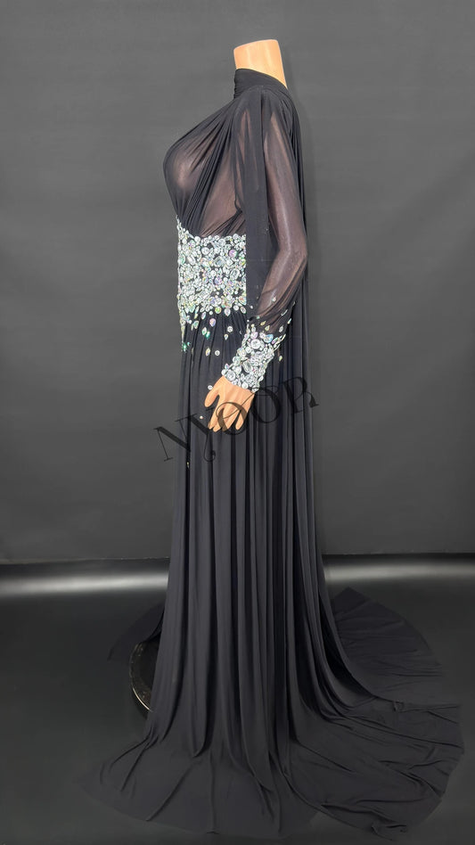 Elegant Rhinestones Long Dress for Women Sexy Mesh See Through Celebrate Evening Prom Birthday Dress Photo Shoot Wear
