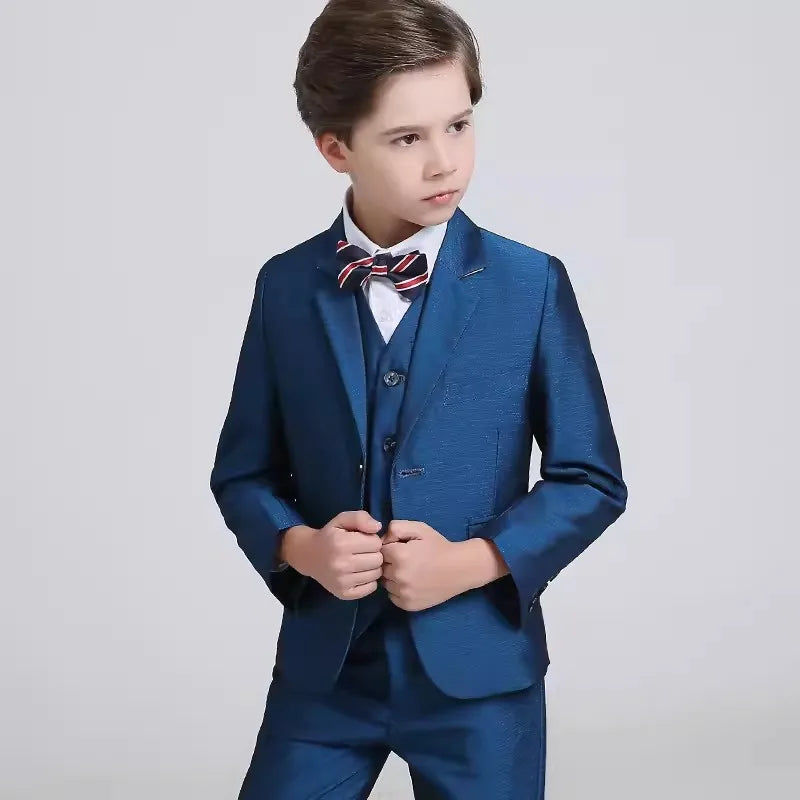 Boys Navy Blue Formal Suit Three Piece Outfit with Striped Bow Tie