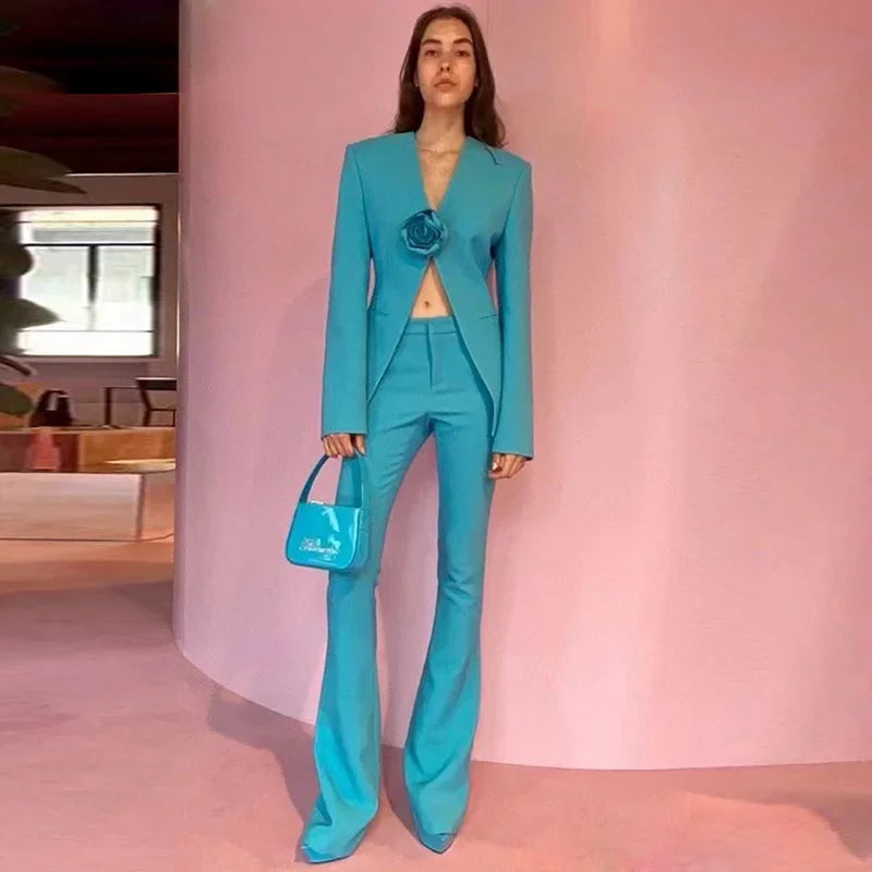 3D Flower Print Suit Jacket and Trousers Two-Piece Set Women's Elegant Celebrity Style