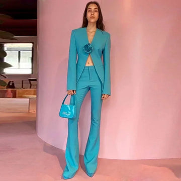 3D Flower Print Suit Jacket and Trousers Two-Piece Set Women's Elegant Celebrity Style