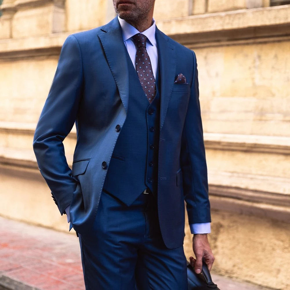 Costume 3 pièces bleu tendance pour homme, costume de travail, simple boutonnage, revers cranté, longueur standard, formel, veste, pantalon, gilet, blazer