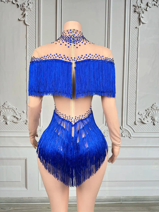 Women Sexy Sparkly Rhinestones Tassels Bodysuit Party Performance Dance Costume Bar Dancer Stage Wear Nightclub Outfit