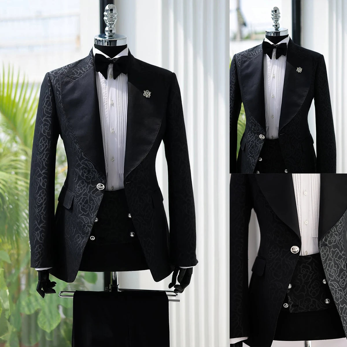 Handsome Men Suits Tailor-Made 2 Pieces Peaked Lapel Jacket Jacquard Blazer One Button Groom Customized Coat Pants