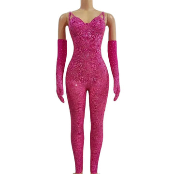 Luxurious Rhinestones Jumpsuit Gloves Women Evening Party Birthday Outfit Sexy Stage Mesh Performance Dance Costume Stage Wear