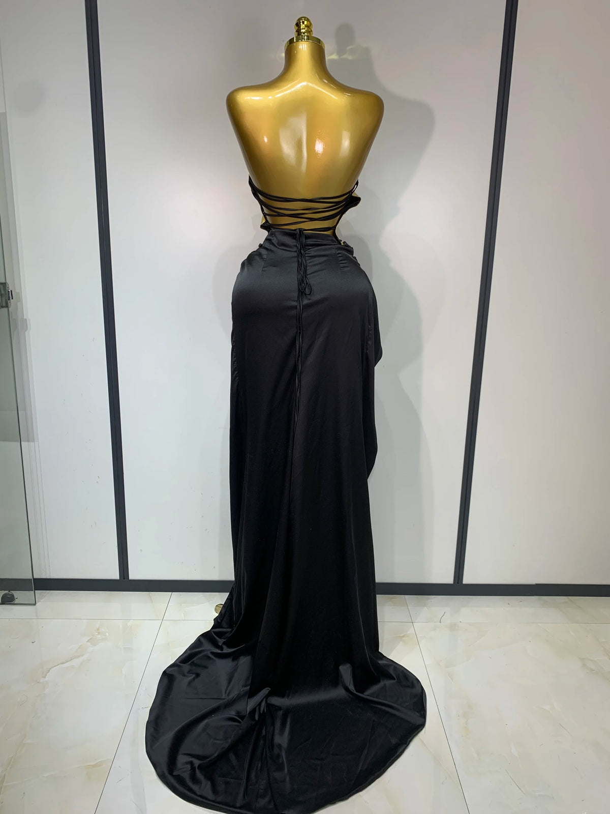 Women Gold Color Sexy Laced-up Tops 2 Pieces Set Long Dress Celebrate Evening Party Celebrity Elegant Dress