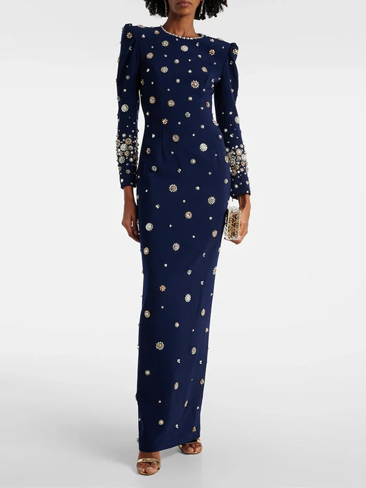 Designer Party Vestido Women's Formal Long Sleeve Luxurious Beaded Long Maxi Dress