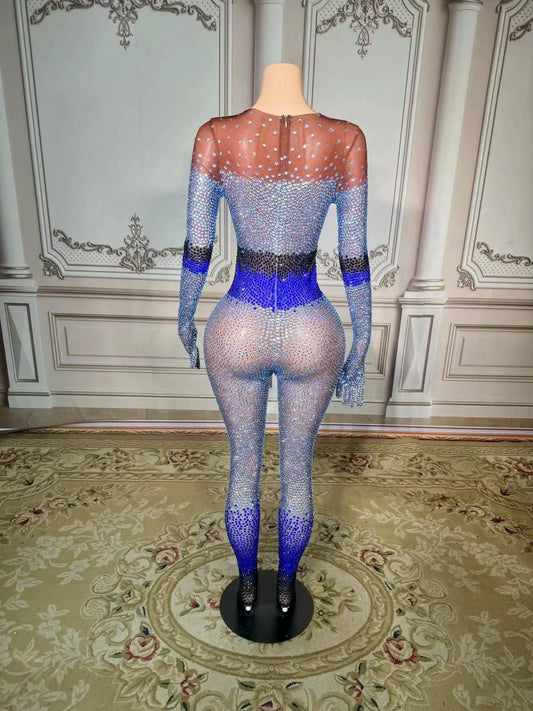 Body scintillant en strass pour femme, justaucorps sexy à manches longues en maille transparente, idéal pour le carnaval ou la photographie