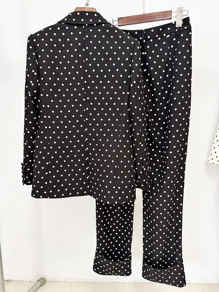 Designer Suit Women Bow Decorated Polka Dot Blazer Pants Set 2PCS