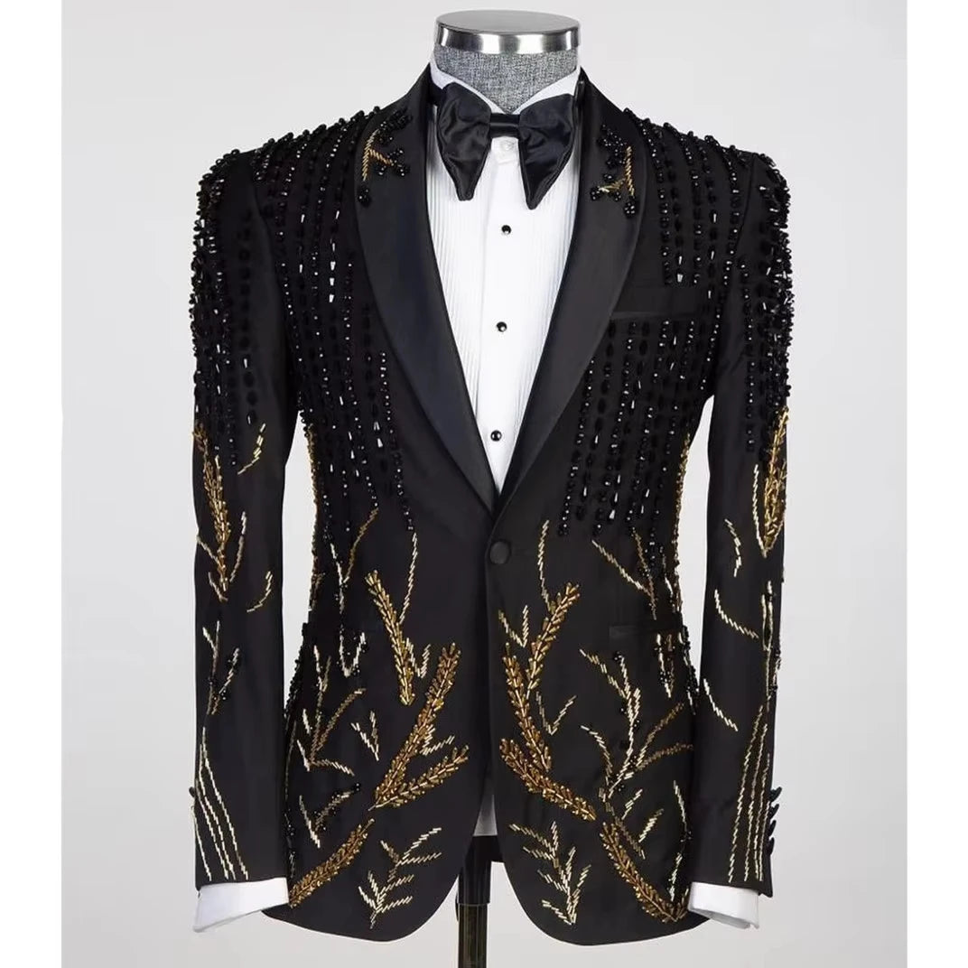 Tailor-Made Men's Suits Customized 2 Pieces Blazer Pants One Button Sheer Satin Lapel Appliques Beads Diamonds Plus Size Formal