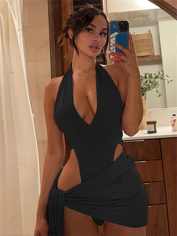 Solid Deep V-Neck Two Piece Sets Halter Top and Mini Skirts Backless Summer Midnight Club Partywear Ruched Women Sets Hot