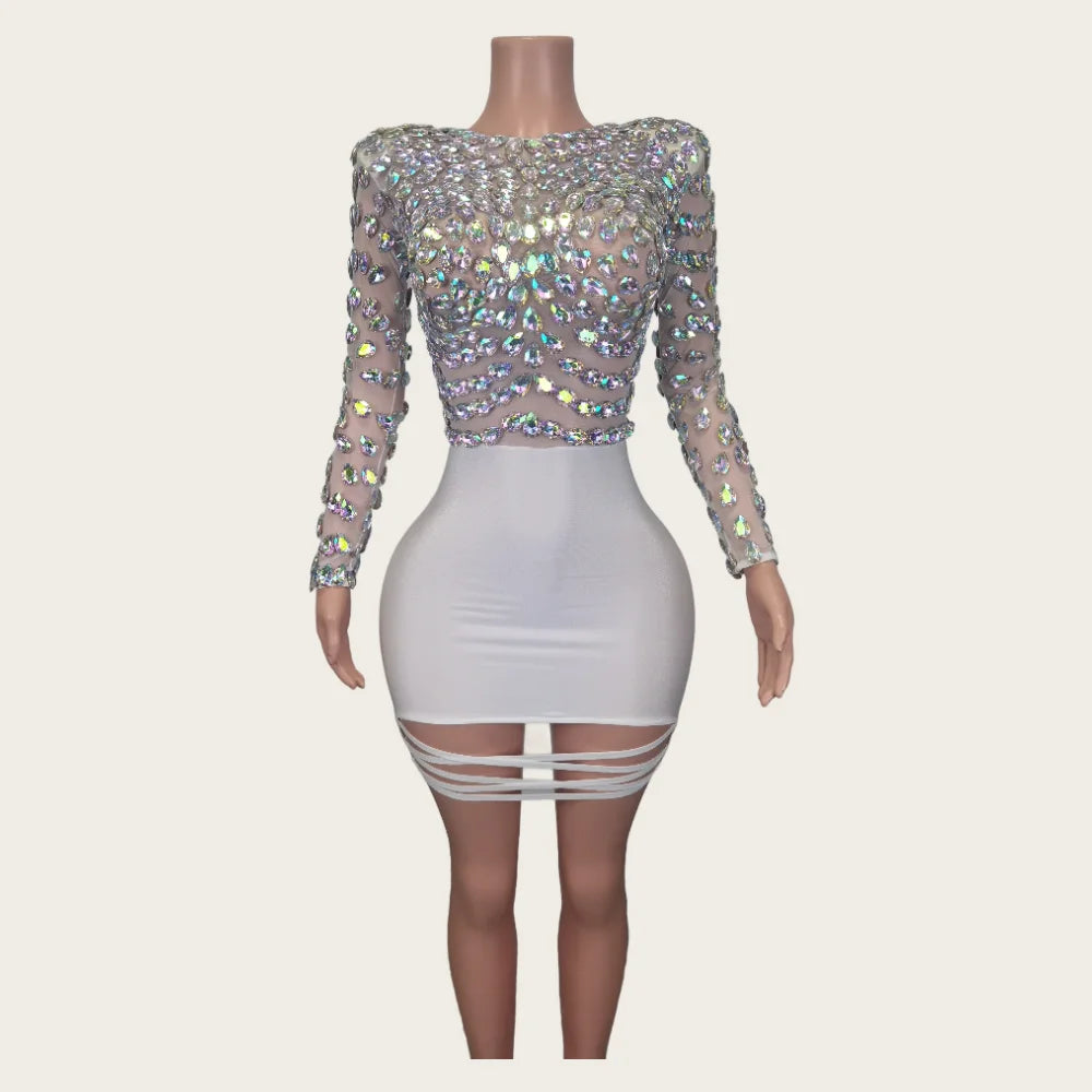 Fashion Long Sleeves White Crystal Rhinestone Hip Wrapped Night Gown Sexy Casual Elegant Women Club Prom Party Dress Stage Wear