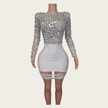 Fashion Long Sleeves White Crystal Rhinestone Hip Wrapped Night Gown Sexy Casual Elegant Women Club Prom Party Dress Stage Wear