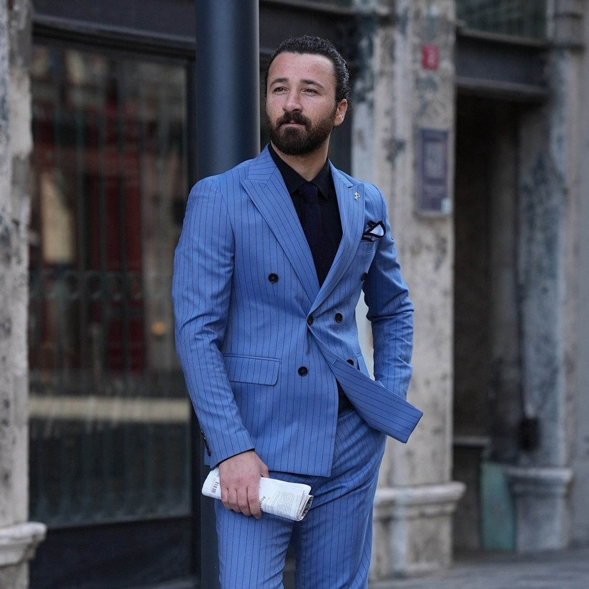 Modern Men's Suit 2 Pieces Blazer Pants Double Breasted Peaked Lapel Business Pinstripes Wedding Groom Tailored Costume Homme
