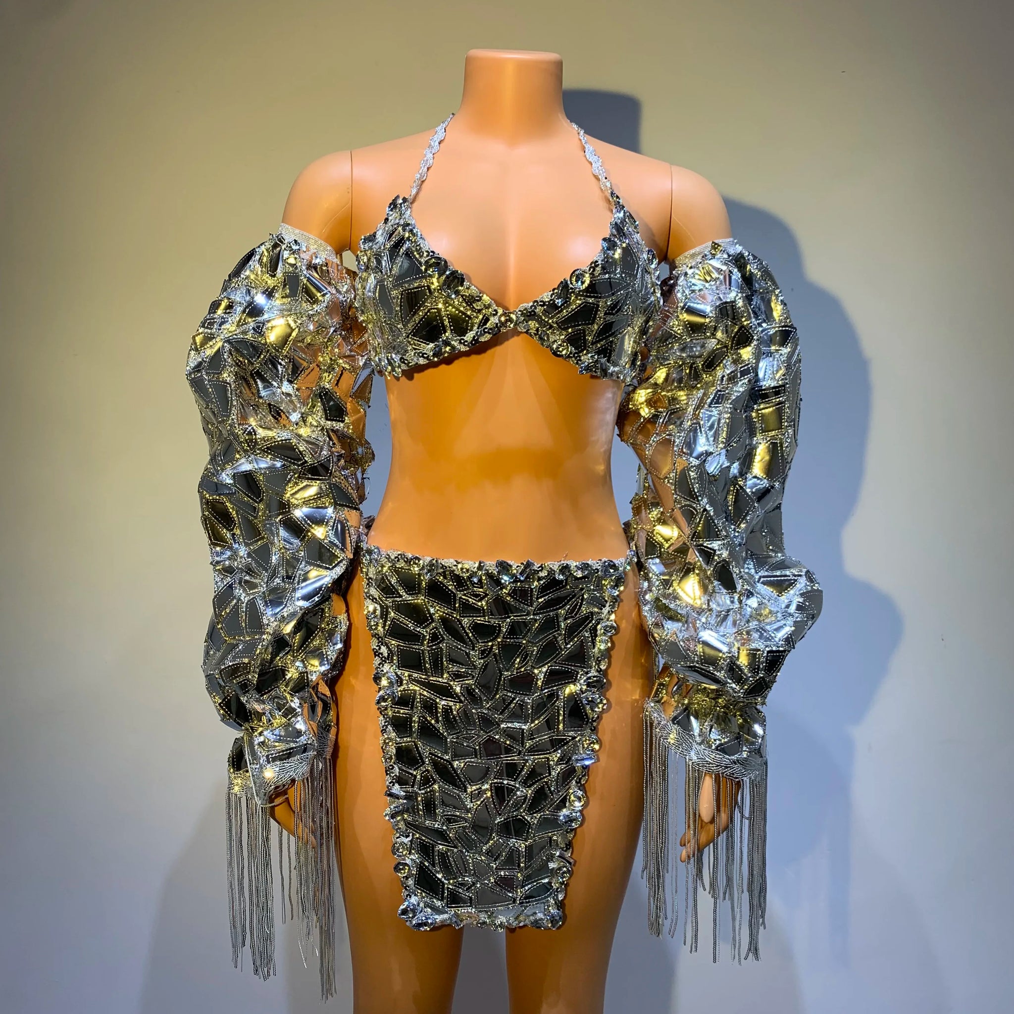 Sparkly Sequined Halter Tops Short Bikinis Skirt Suit Women Sexy Party Birthday Outfit Dance Costume Performance Stage Wear