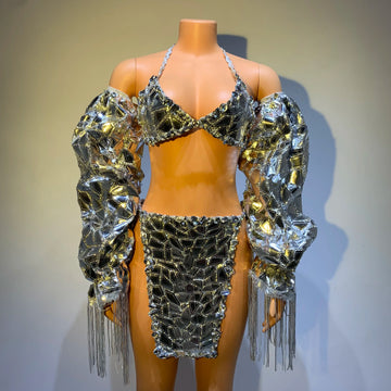 Sparkly Sequined Halter Tops Short Bikinis Skirt Suit Women Sexy Party Birthday Outfit Dance Costume Performance Stage Wear