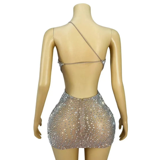 Sexy Luxury Sparkly Rhinestones Hollow Out Backless Suspenders Dress Cocktail Party Evening Outfit Perform Photoshoot Costume