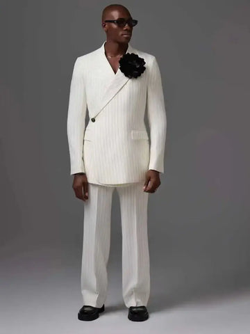 White Pinstripe Men Suit Set 2 Piece Blazer+Pant Trousers 3D Flower Customized Formal Office Jacket Wedding Tuxedos Coat