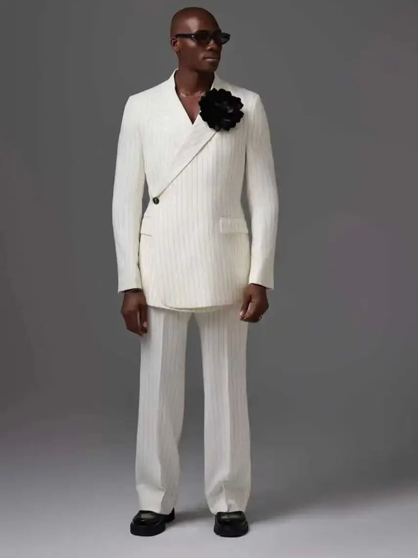 White Pinstripe Men Suit Set 2 Piece Blazer+Pant Trousers 3D Flower Customized Formal Office Jacket Wedding Tuxedos Coat